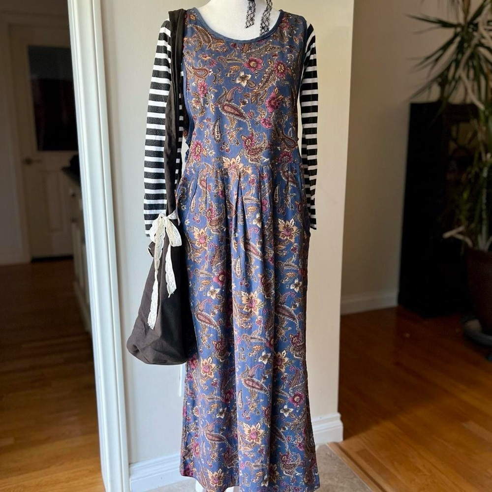 Vintage 90s Paisley Corduroy Maxi Babydoll Dress Whimsygoth Grunge Floral Blue M - Picture 4 of 11